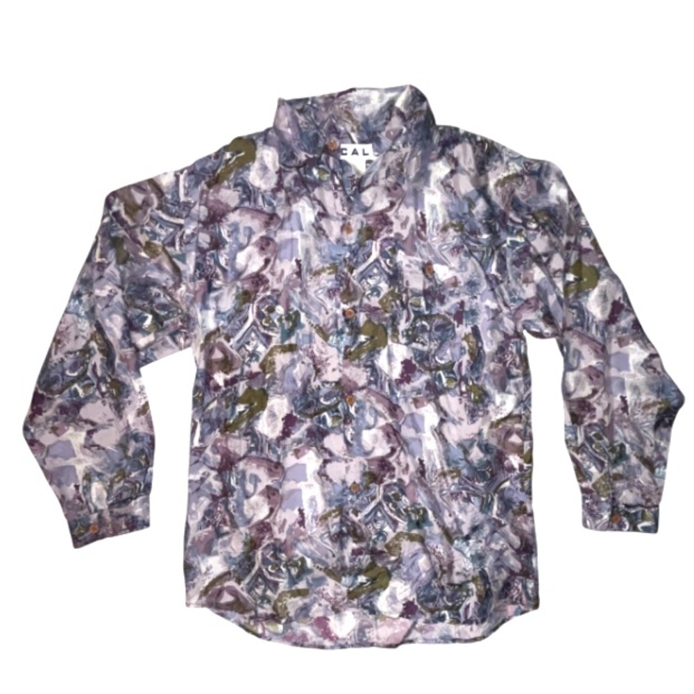 CAL 100% Silk Long Sleeve Button Down Shirt Abstract Multicolor Print Large